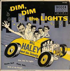 an advertisement for dim, dim the lights featuring five men in a yellow race car