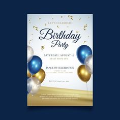 a birthday party flyer with balloons and confetti on the table in front of it