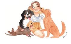 a drawing of a woman sitting on the ground surrounded by dogs and cats, with her tongue out