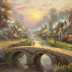 a painting of a bridge over a river with houses and flowers on the other side