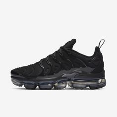 BLACKED-OUT AIR. The Nike Air VaporMax Plus looks to the past and propels you into the future. Made with at least 20% recycled material by weight, it keeps the future in mind while including design elements from the '98 Air Max Plus. Revolutionary VaporMax Air technology provides comfort and a modern look, while the floating cage, heel logo and iconic whale tail midfoot shank add heritage style. A sleek all-black upper and black rubber pods on the outsole show off your dark side. Benefits Origin Vapor Max Nike Women, Vapormax Women, Vapormax Plus Black, Nike Vapormax Plus, Vapormax Nike, Vapour Max Nike, Air Vapormax Plus, Nike Air Vapormax Plus, Black Nike Shoes