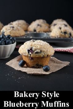 baked blueberry muffins on a plate with fresh blueberries in the background