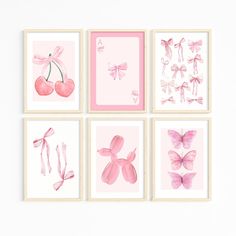 four pink prints with bows, cherries and butterflies on them are hanging on the wall