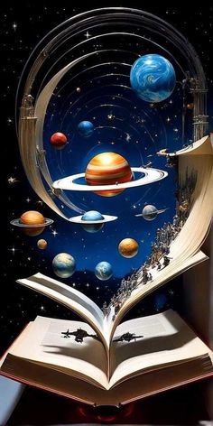 an open book with planets floating out of it