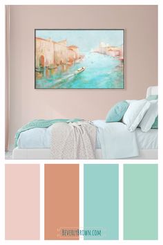 a bedroom with pink and blue walls, white bedding and a painting on the wall