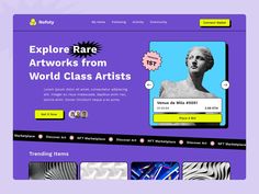 the homepage for art works from world class artists, which is displayed on a purple background