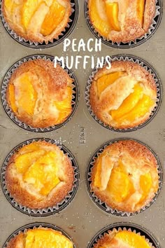 twelve peach muffins sitting in a muffin tin with the words peach muffins above them