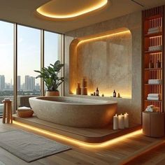 a bath room with a large tub next to a window and a potted plant