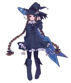 a woman in a witch costume holding a blue bird and wearing a hat with long braids