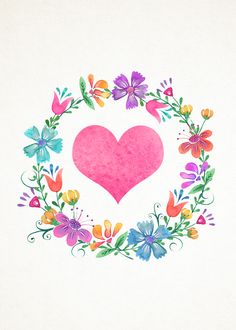 a watercolor drawing of a heart surrounded by flowers