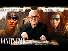 an old man sitting next to two other men in front of a poster with the words vanity fair on it