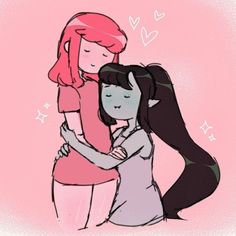 two girls hugging each other with hearts in the background