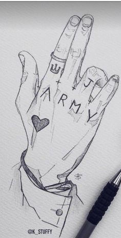 a drawing of a person's hand with the words army written on it and an ink pen next to it