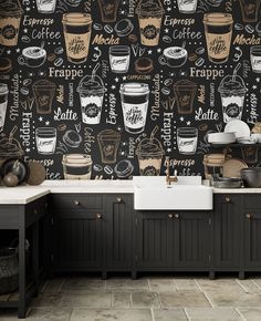 a black and white kitchen wallpaper with coffee related items