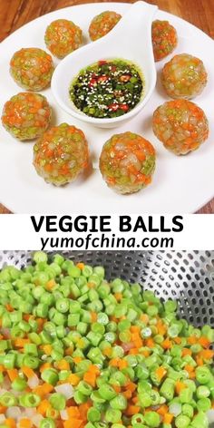 vegetable balls with green sauce and carrots in the middle, on a white plate