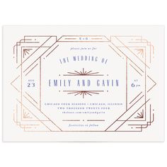 an art deco wedding card with the words, the wedding of emery and cavin