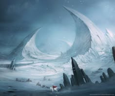 an image of a giant alien ship in the middle of a snow covered land area