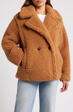 Delightfully soft teddy faux shearling makes this double-breasted coat a favorite choice for temperature dips. 28" length (size Medium) Notched lapels Lined 100% polyester Dry clean Imported Sherpa Jacket Outfit, Faux Shearling Coat, Soft Teddy, Teddy Coat, Sherpa Jacket, Shearling Coat, Double Breasted Coat, Fabric Gifts, Free Fabric