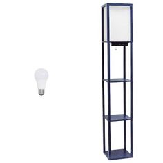 a tall blue shelf next to a light bulb