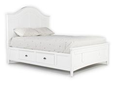 a white bed with drawers underneath it and a pillow on the headboard, in front of a white background