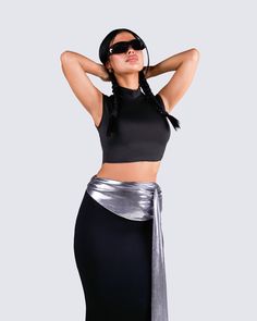 Own the night in this sleek, and classy two piece set 🖤 Featuring a black turtleneck cropped top and a black draped maxi skirt - this fit will have you looking expensive, and way too good for them 😏 Sleek Black Crop Top For Night Out, Elegant Fitted High Neck Crop Top, Sleek Party Crop Top, Stretch High Neck Crop Top For Party, Sleek Stretch Crop Top For Party, Chic High Neck Crop Top For Party, Turtle Neck Crop Top, Black Drapes, Black Turtleneck