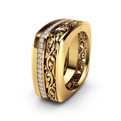 an intricately designed wedding ring with diamonds in yellow gold, set against a white background