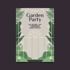 the garden party poster is shown with green plants and flowers in front of a gate