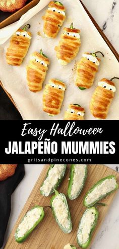 easy halloween jalapeno mummies recipe on a cutting board