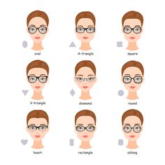 Set of various types of spectacle eyeglasses. faces shapes to glasses frames comparison scheme. Glasses For Oblong Face, Glasses For Long Faces, Frames For Round Faces, Glasses For Oval Faces, Glasses Styles, Glasses For Round Faces, Pair Eyewear, Glasses For Face Shape, Best Eyeglasses