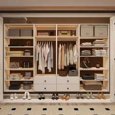 an organized closet with clothes and shoes on the shelves, along with other storage containers