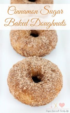 cinnamon sugar baked doughnuts on a white plate with the words, cinnamon sugar baked doughnuts