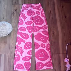 Size Xs Pink Smiley Face Pants From A Boutique Perfect Condition Never Worn Y2k Cotton Cargo Pants, Y2k Style Straight Pants, Spring Y2k Straight Leg Pants, Y2k Straight Leg Pants For Spring, Y2k Style Straight Leg Spring Pants, Y2k Pink Wide Leg Pants, Pink Y2k Style Wide Leg Pants, Y2k Style Straight Bottoms For Spring, Pink Wide Leg Y2k Pants