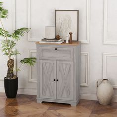 a potted plant sitting on top of a wooden floor next to a gray cabinet