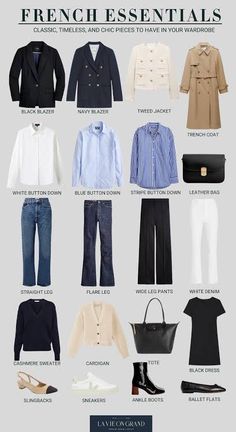 Parisian Basic Wardrobe, One Base Different Outfits, Business Travel Capsule Wardrobe, French Essentials, Minimalist Wardrobe Women, How To Dress In Your 70's, Irish Vacation, French Outfits, Workwear Capsule Wardrobe