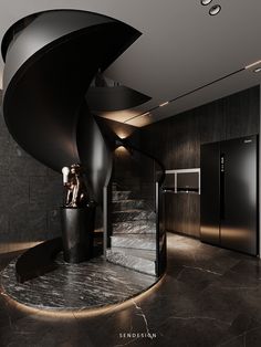 a black and white photo of a spiral staircase in a modern building with marble floors