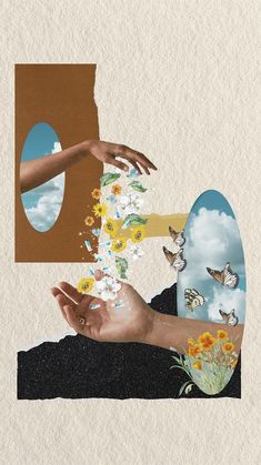 a collage of hands reaching for flowers and butterflies