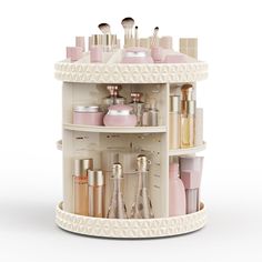 a round shelf filled with lots of different types of cosmetics