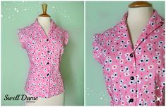 Swell Dame 1950s blouse with notched collar and kimono sleeves in lovely novelty pink background fabric featuring playing cards Buttons up with cute vintage buttons! Amazing with jeans,full skirts or a pair of hot shorts I offer many fabric options such as polka dots,stripes,chambray,eyelet,gingham,plaid,pique, & solid color fabrics.Also many floral and novelty fabrics available.Pm me if you want to see swatches! Special sizes or fabrics may charge differently upon request! Made to order in your Pink Vintage Tops With Retro Print, Vintage Pink Tops With Retro Print, Retro Pink Top With Retro Print, Short Sleeve Pink Retro Print Tops, Pink Short Sleeve Retro Print Tops, Vintage Pink Tops With Buttons, Pink Retro Print Short Sleeve Tops, Retro Pink Summer Blouse, Summer Retro Pink Blouse