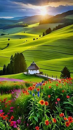 an image of a beautiful landscape with flowers in the foreground and a white house on top of a hill