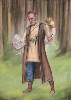 a painting of a man in the woods holding something