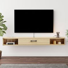 a flat screen tv mounted to the side of a wooden shelf next to a potted plant