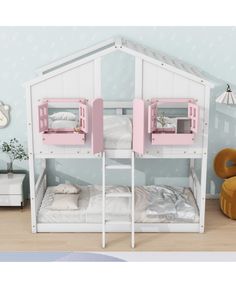 two bunk beds with pink and white furniture in a child's room, next to a rocking chair