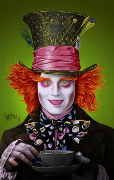 a painting of a person with red hair wearing a top hat and holding a cup