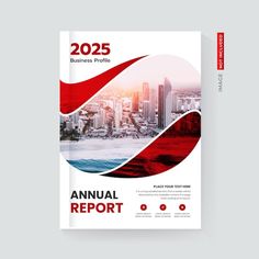 a red and white annual report cover with cityscape in the background, on a gray