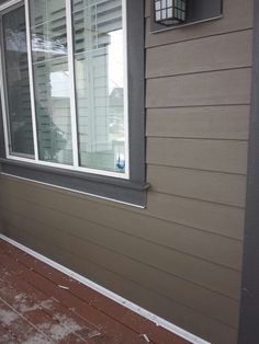 a cat sitting in the window sill of a house with snow on the ground