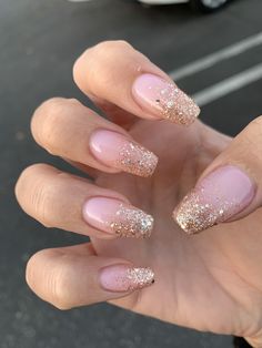 Light Pink And Gold Glitter Nails, Nye Toe Nail Ideas, Sweet 16 Birthday Makeup Looks, Nails To Match Rose Gold Dress, Sparkle Ombre Nails Square, Gold Sparkle Nails Acrylic, Sweet Sixteen Nails Ideas, Pink And Gold Almond Nails, Pink And Gold Ombre Nails