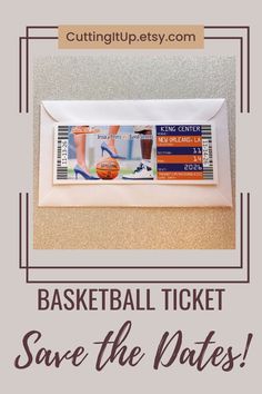 a basketball ticket with the words save the date on it and an image of a pair of shoes