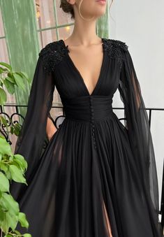 Black A-Line dress with v-neck, long sleeves and embroidery Black Tulle Prom Dress, Prom Gown Elegant, Mom Prom, Evermore Fashion, Flower Gown, Princess Hours, Matric Farewell, Evening Gowns With Sleeves, Prom 2024