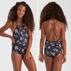 Swim By Day And Bodysuit By Night, This Floral One Piece Thrives On Sunshine And Moon Beams. The Perfect Day-To-Night One Piece Swimsuit, Featuring A Dark Floral Print, Accented With Straps At The Center Front And Adjustable Cross Back Straps. Girls Floral One Piece Swimsuit. Strappy Detail At Neckline. Adjustable Cross Back Straps. Adorable Print! Great Coverage And So Soft. Perfect For Water Sports And Beach Days! New With Tags. I Try To Ship Same Day Black Summer Beachwear Swimwear, Billabong Girls, Swimsuits For Teens, Billabong Swim, A Girl Like Me, Car Apparel, Floral One Piece, Floral One Piece Swimsuit, Swimsuit Models