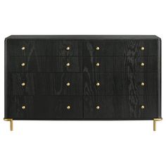 a black dresser with gold knobs on the top and bottom drawers, against a white background